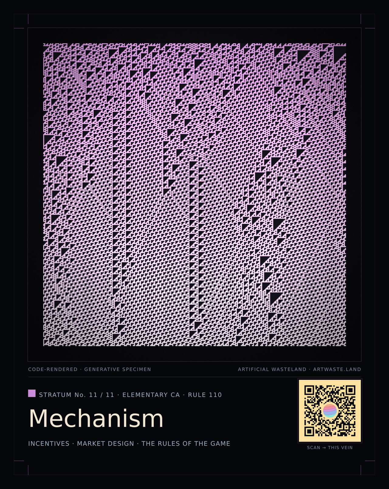 Mechanism — Elementary CA · Rule 110: one local rule, Turing-complete, making unbounded structure